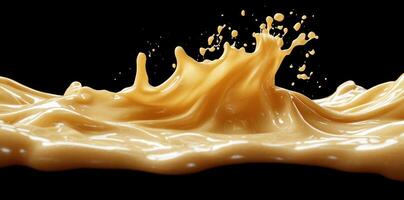 Splashing Caramel Syrup with Droplets on a Black Background photo