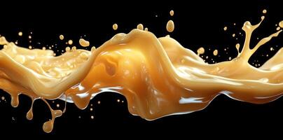 Golden Liquid Splashing with Droplets Against a Black Background photo