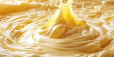 Splash of Yellow Liquid Creating a Whirl in a Smooth Surface photo