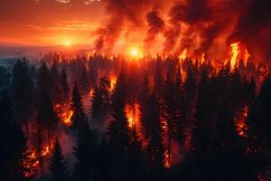 Intense Forest Wildfire at Sunset Nature's Fury and Environmental Impact photo