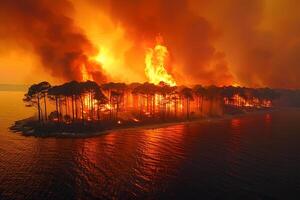 Dramatic Forest Fire on Coastal Island During Sunset Environmental Impact and Nature Conservation photo
