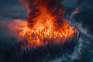 Intense Forest Fire in Winter Landscape with Smoke and Flames photo