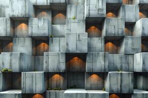 Geometric Concrete Wall with Rectangular Patterns and Subtle Lighting Accents photo