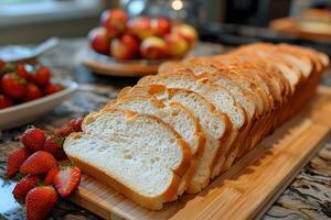 Freshly Sliced Bread with Strawberries and Apples on a Wooden Board for Breakfast photo