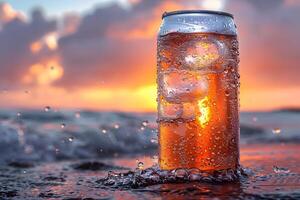 Refreshing Summer Beverage Can on Ocean Shore during Vibrant Sunset photo