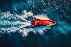 Aerial View of a Speedboat Navigating Turquoise Waters for Summer Adventure photo