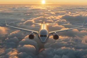 Sunset Flight Above Clouds Majestic Airplane Journey in Golden Sky photo
