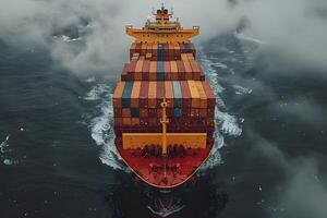 Aerial View of Cargo Ship Navigating Through Misty Ocean Waters photo
