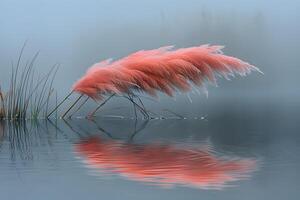 Serene Water Reflection of Pink Pampas Grass in Misty Landscape photo