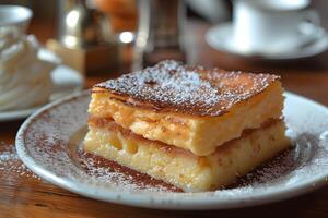 Custard Layer Cake with Powdered Sugar on Rustic Plate for Delicious Dessert photo