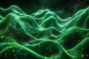 Futuristic Green Digital Landscape with Dynamic Wave Patterns for Technology Design photo
