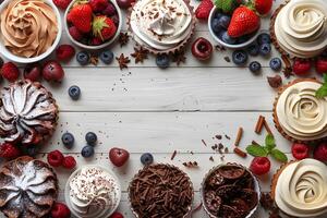 Delicious Cupcake Arrangement with Berries and Chocolate on Wooden Background photo