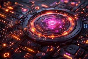 Futuristic Circuit Board with Glowing Orbital Design for Technology Concept photo