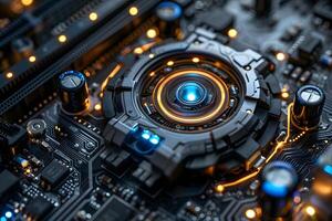 Futuristic Technology Concept with Circuit Board and Microprocessor Design for Digital Innovation photo