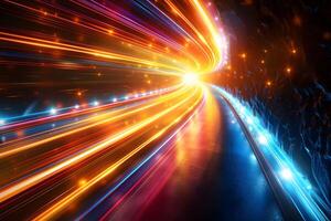 Futuristic Tunnel with Vibrant Light Streaks for Digital Graphics and Animation Concepts photo