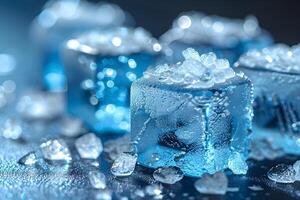 Close-Up of Blue Ice Cubes and Crushed Ice with Dramatic Lighting for Refreshing Concepts photo