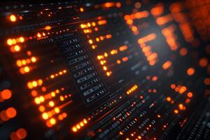 Futuristic Digital Interface with Glowing Orange Data Streams and Circuitry Elements photo