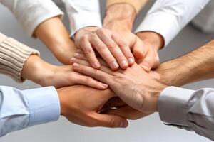Teamwork and Unity Concept with Diverse Hands in Collaborative Stack photo
