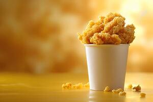 Crispy Fried Chicken in White Bucket against Golden Background for Food Presentation photo