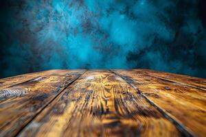 Rustic Wooden Table with Vibrant Abstract Blue Background for Product Display photo
