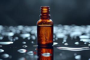 Essential Oil Amber Glass Bottle on Reflective Wet Surface for Product Design photo