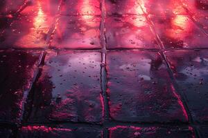 Glowing Rain-Soaked Pavement with Reflective Red Light Patterns photo
