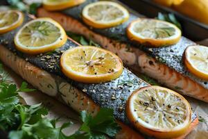 Fresh Baked Salmon with Lemon Slices and Herbs on Rustic Tray photo