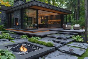 Modern Luxury Outdoor Retreat with Fire Pit in Forest Setting for Relaxation and Entertaining photo