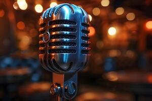 Vintage Microphone on Stage with Warm Bokeh Lighting for Music and Concert Theme photo