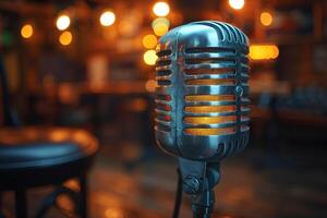 Vintage Microphone in Warmly Lit Retro Jazz Club Setting for Music Events and Promotions photo