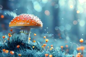 Enchanting Forest Scene with Magical Mushroom and Luminescent Flora photo