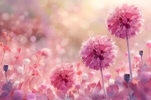 soñador pastel jardín rosado flores en un iluminado por el sol prado foto