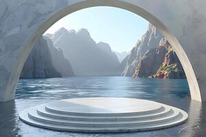 Serene Minimalistic Archway Overlooking Tranquil Lake and Rugged Mountains photo
