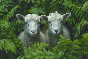 Enchanting Twin White Lambs Surrounded by Lush Green Ferns in a Forest Setting photo