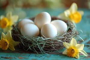 Spring Easter Nest with White Eggs and Daffodils on Rustic Wooden Table photo