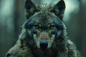 Majestic Grey Wolf with Intense Gaze in Forest Setting Under Rain photo