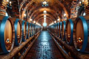 Rustic Wine Cellar with Wooden Barrels in a Brick-Walled Vaulted Hallway photo