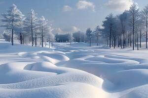 Serene Winter Wonderland Landscape with Snow-Covered Trees and Gentle Hills photo