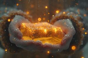 Enchanting Winter Glow Hands Cradling a Sparkling Golden Light Block Under Falling Snowflakes photo