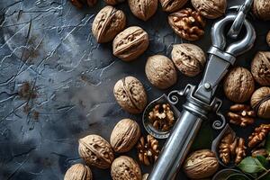 Rustic Walnut and Nutcracker Arrangement on Textured Surface for Culinary Design photo