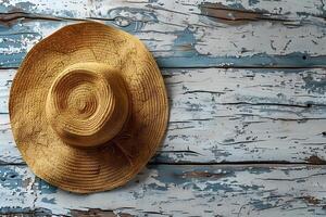 Rustic Charm Straw Hat on Weathered Blue Wooden Background for Summer Decor photo