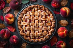 Autumn Peach Pie with Lattice Crust Surrounded by Fresh Fruit and Colorful Leaves for Seasonal Designs photo