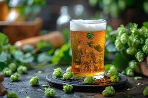 Refreshing Craft Beer with Fresh Hops in Rustic Setting - Perfect for Brewery Promotions photo