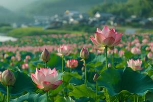 Tranquil Lotus Blossom Field in Bloom for Nature Photography and Design photo