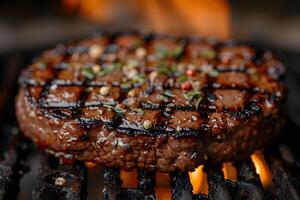 Grilled Beef Steak on Fire with Pepper and Herbs for Gourmet Cuisine and BBQ Enthusiasts photo