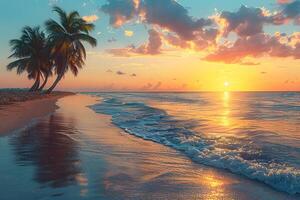 Tranquil Sunset Beach with Palm Trees and Ocean Waves for Relaxation and Inspiration photo