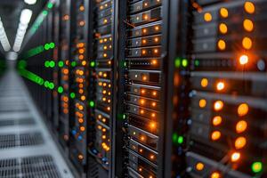 High-Tech Data Center Server Room with Blinking LED Lights photo