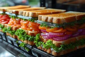 Fresh and Vibrant Sandwich Display in a Deli Setting for Food Presentation and Marketing photo