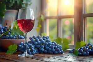 Elegant Wine Glass with Grapes by Sunlit Window - Perfect for Culinary or Rustic Themes photo