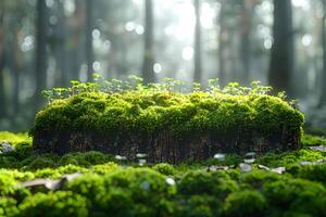 Lush Forest Growth Sunlit Moss and Seedlings on Tree Stump in Woodland Setting photo